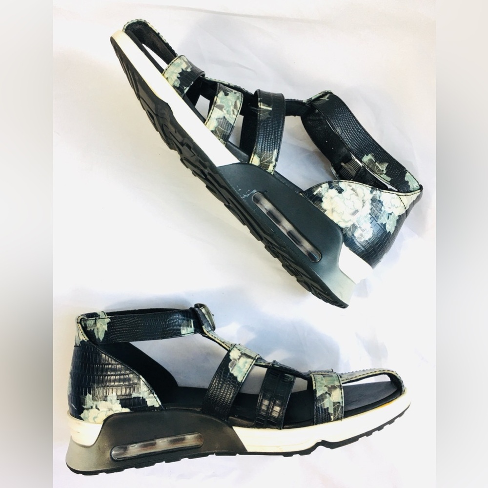 Ash Black Blue White Floral Leather Platform Wedge Sneaker Sandals US 9 EU 39